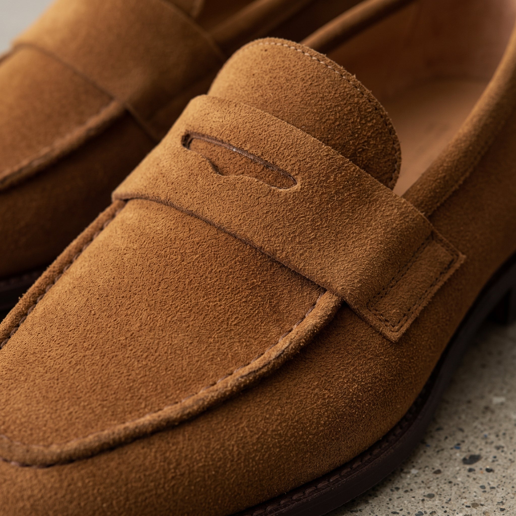 Men's Brown Apron-Toe Suede Penny Loafers — Forfar