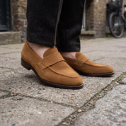 Men's Brown Apron-Toe Suede Penny Loafers — Forfar