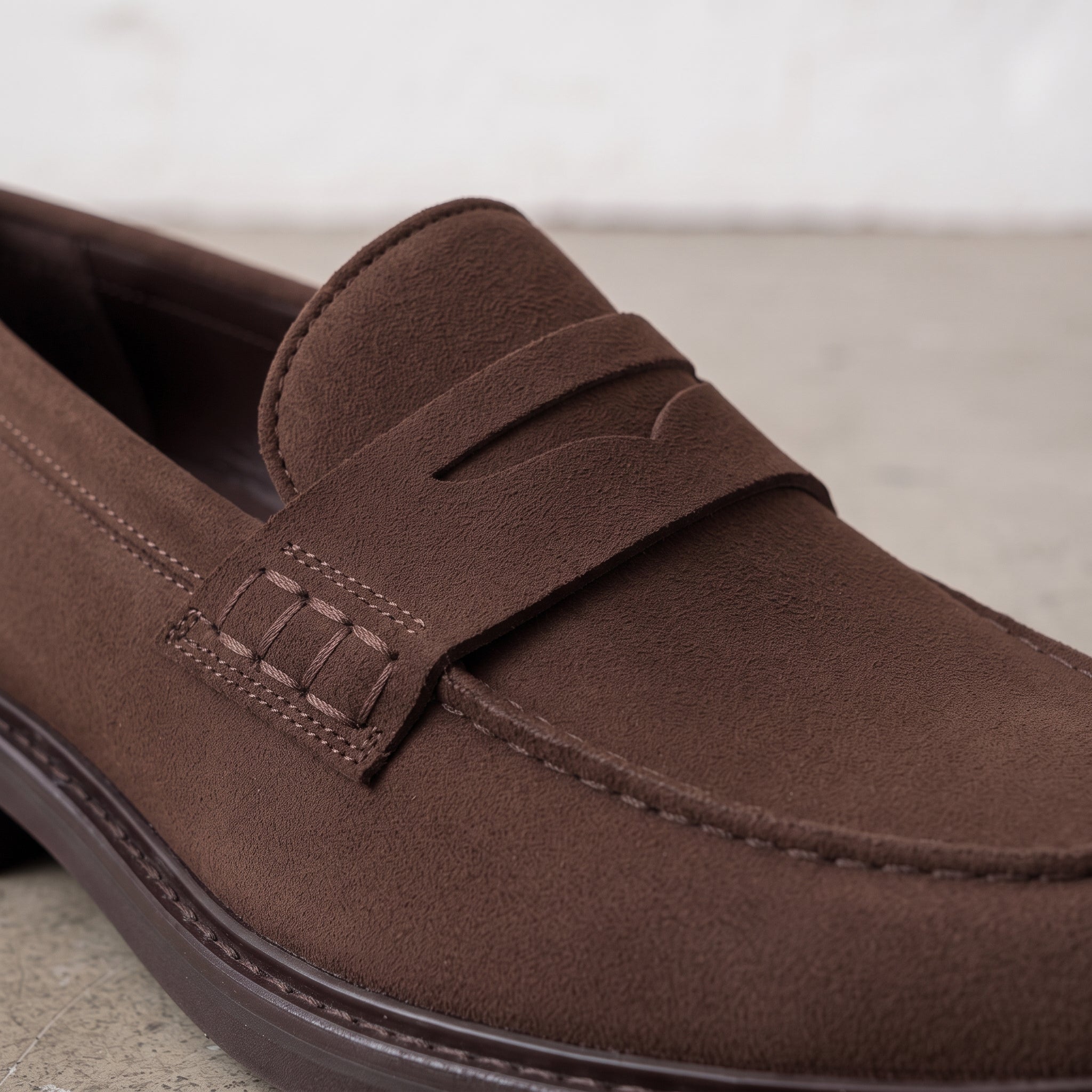 Men's Brown Apron-Toe Suede Penny Loafers — Thornbury