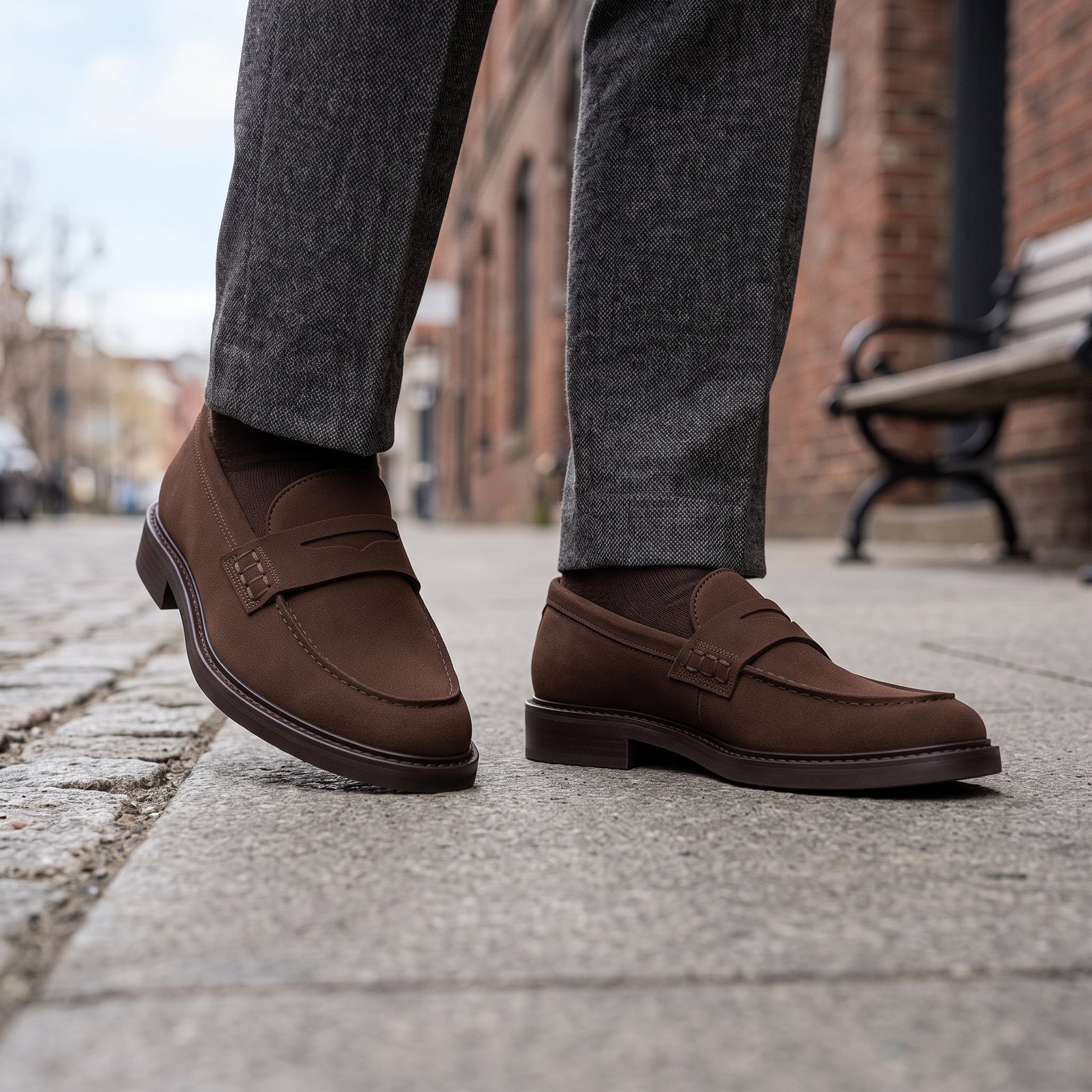 Men's Brown Apron-Toe Suede Penny Loafers — Thornbury