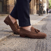 Men's Brown Apron-Toe Suede Tassel Loafers — Crawshaw