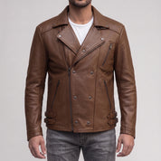 Men's Brown Asymmetric Zip Leather Biker Jacket — Bicton