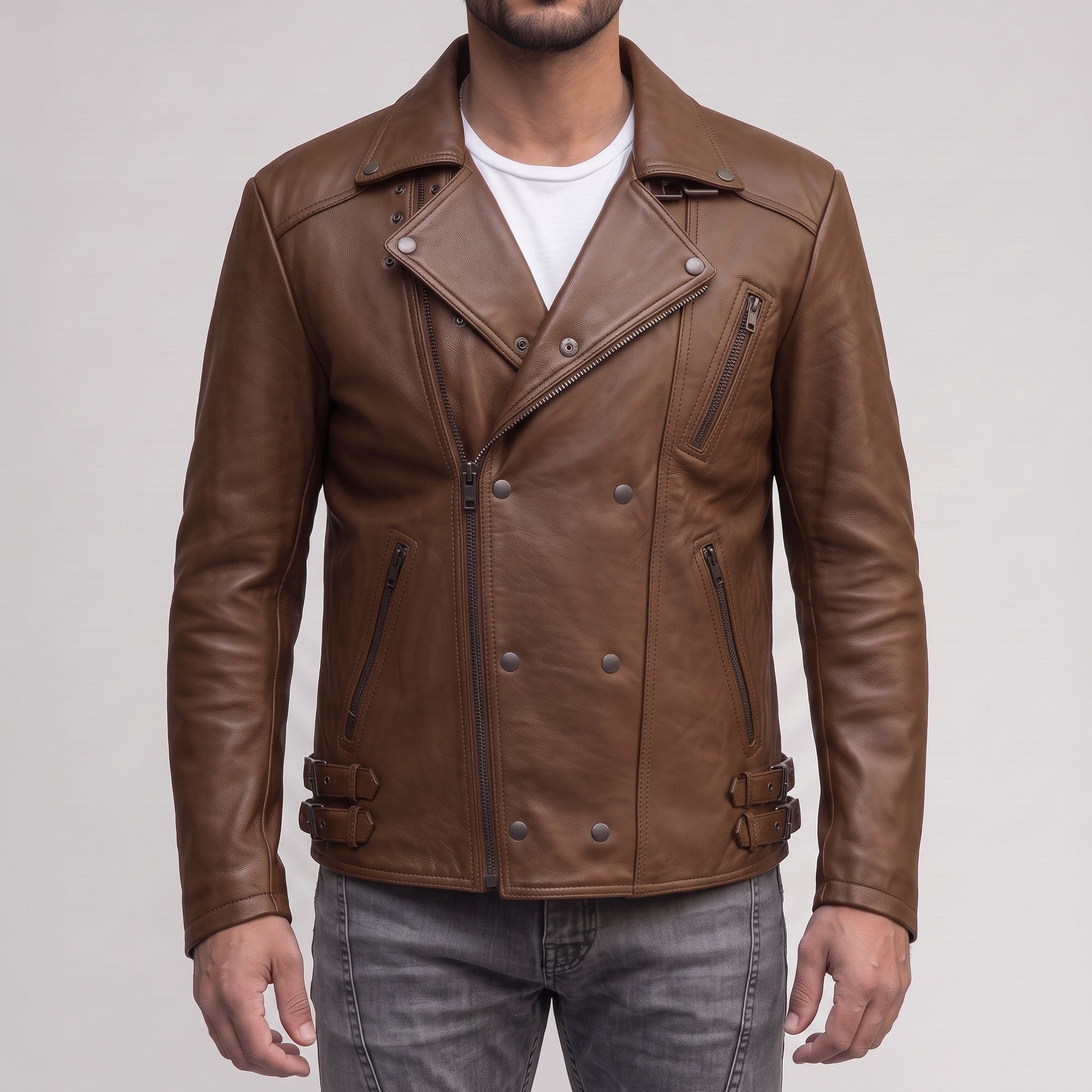 Men's Brown Asymmetric Zip Leather Biker Jacket — Bicton