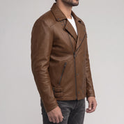 Men's Brown Asymmetric Zip Leather Biker Jacket — Bicton