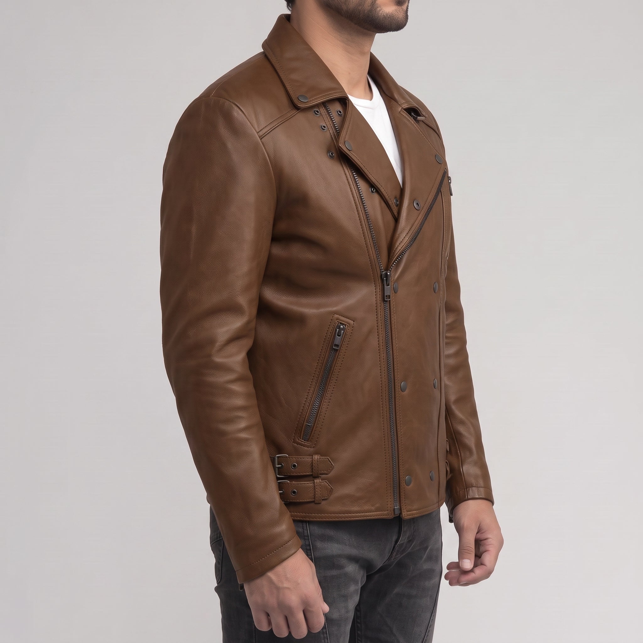 Men's Brown Asymmetric Zip Leather Biker Jacket — Bicton