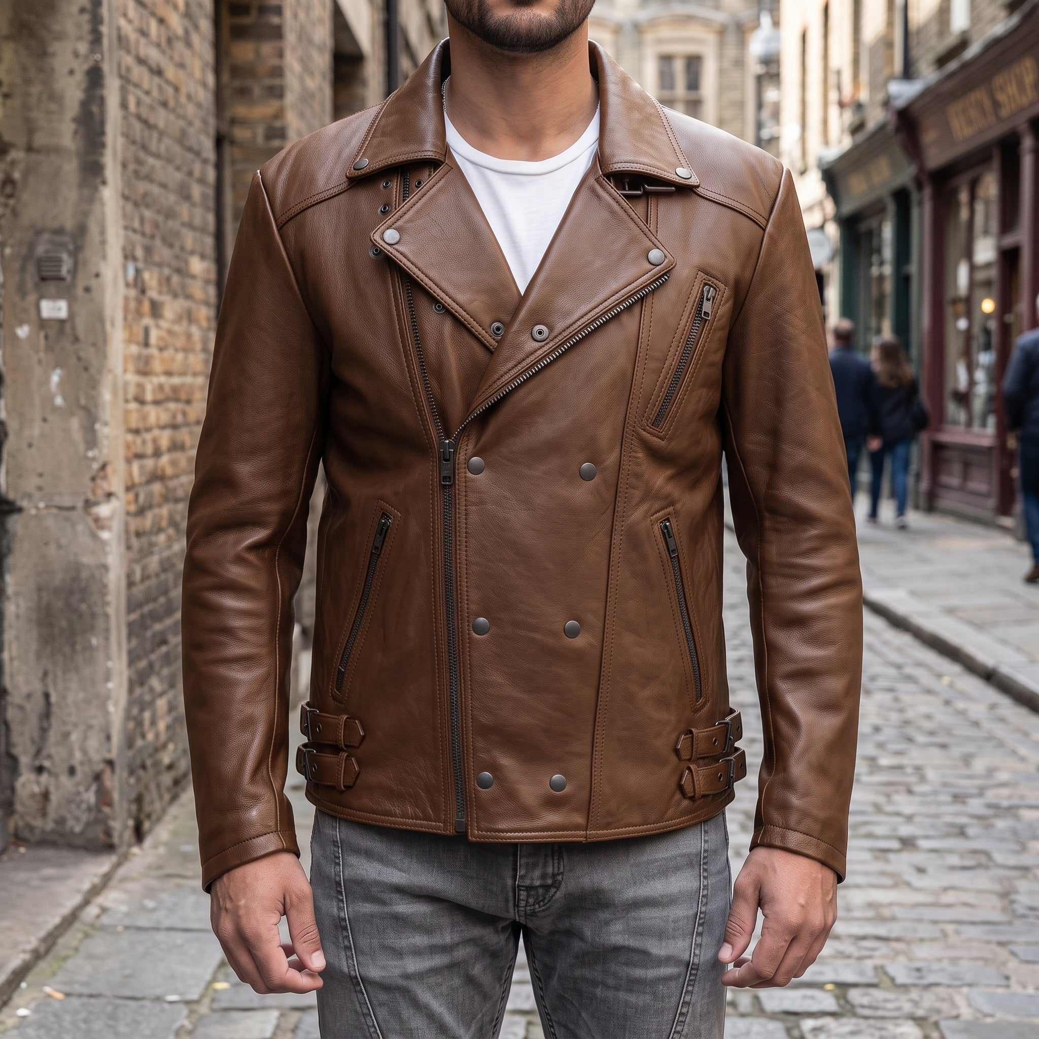 Men's Brown Asymmetric Zip Leather Biker Jacket — Bicton