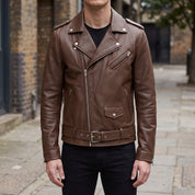 Men's Brown Belted Leather Biker Jacket — Avening
