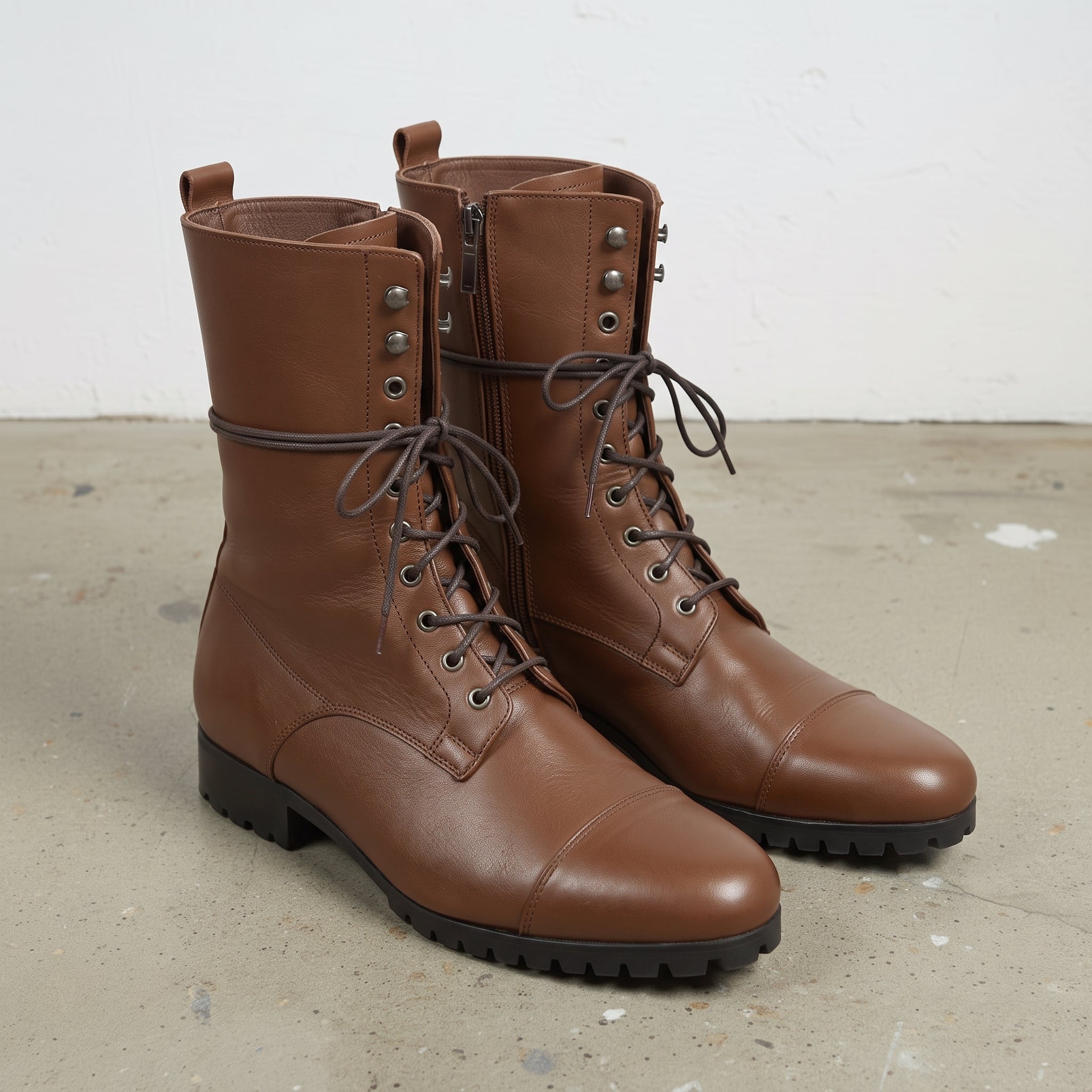 Men's Brown Cap-Toe Leather Knee-High Lace-Up Boots — Purcell