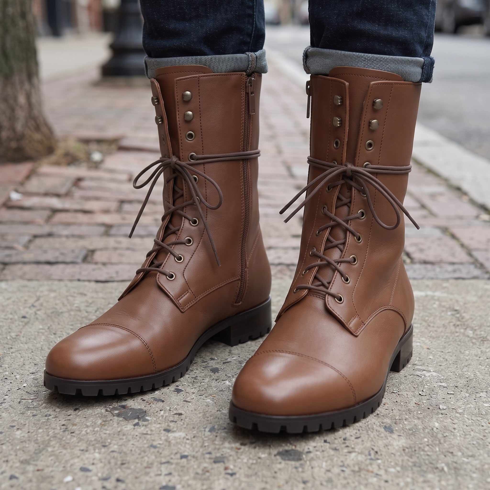 Men's Brown Cap-Toe Leather Knee-High Lace-Up Boots — Purcell