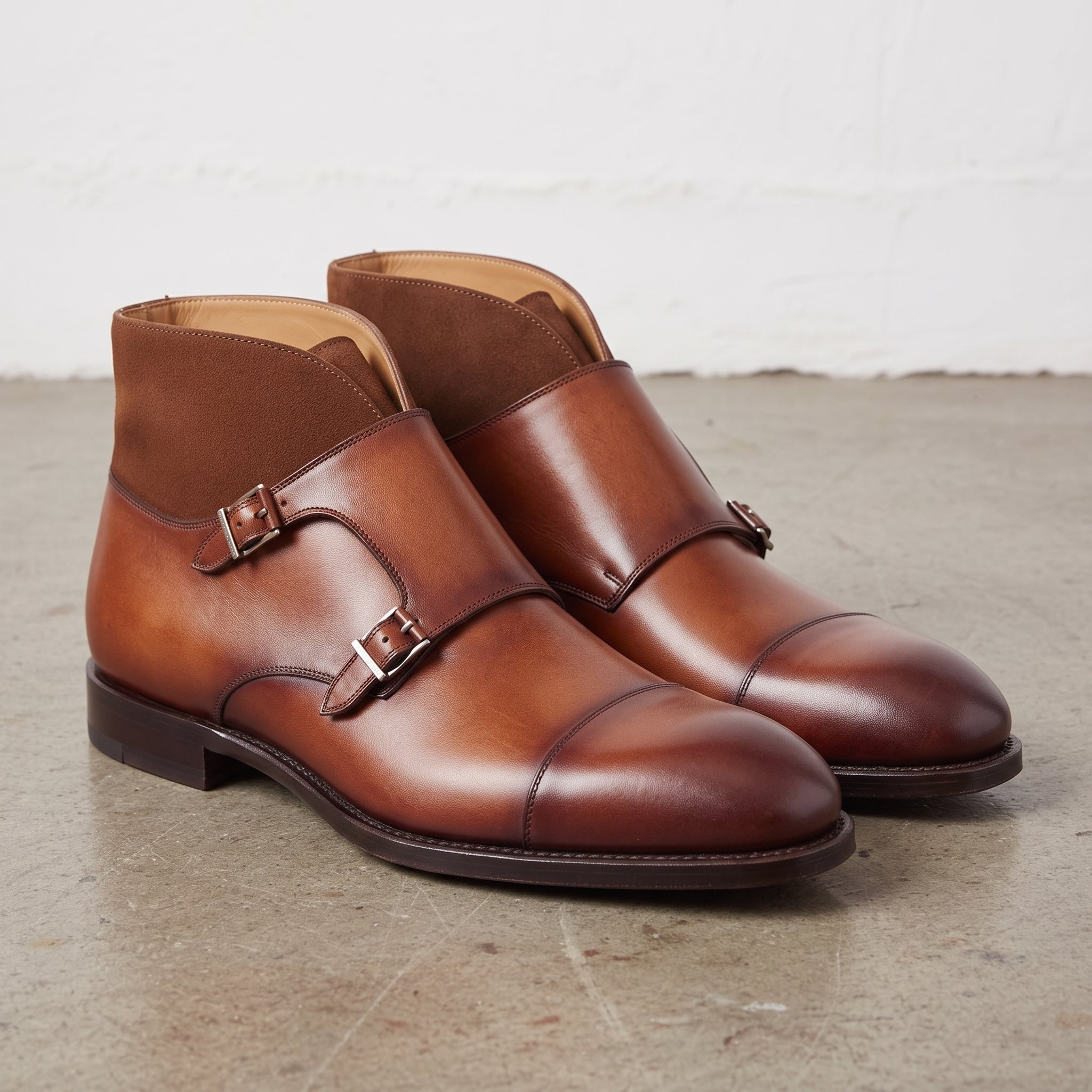 Men's Brown and Tan Cap-Toe Leather Double Monk Strap Chukka Boots — Atherby