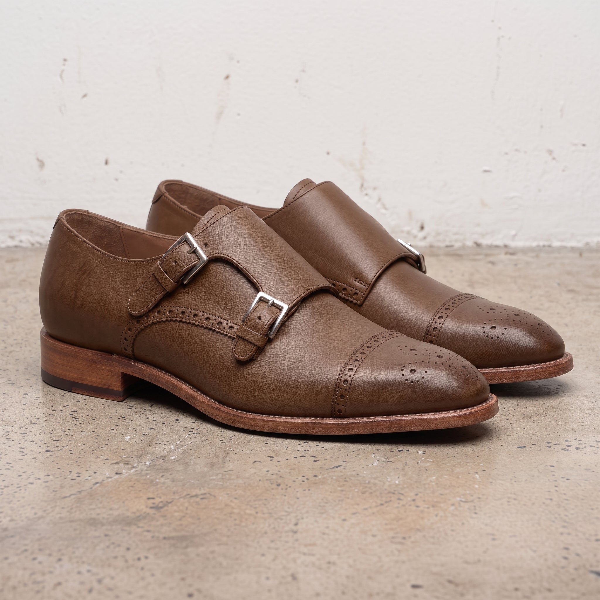 Men's Brown Cap-Toe Leather Double Monk Strap Shoes — Hitchley