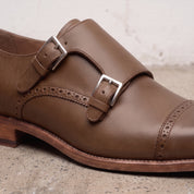 Men's Brown Cap-Toe Leather Double Monk Strap Shoes — Hitchley
