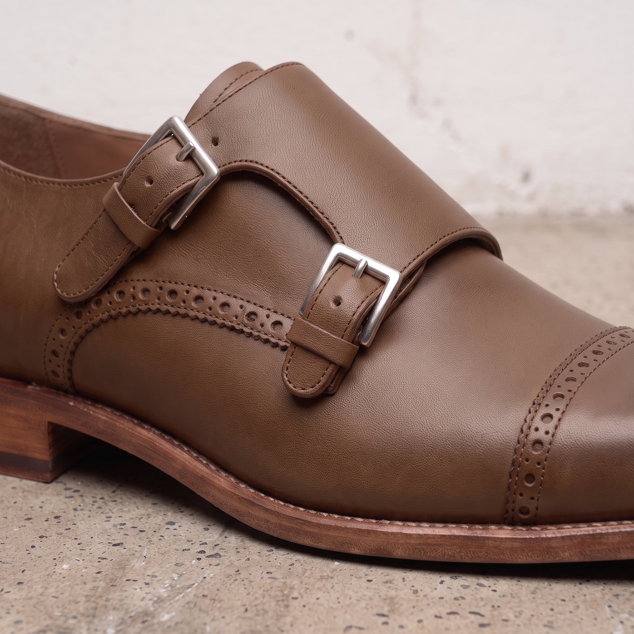 Men's Brown Cap-Toe Leather Double Monk Strap Shoes — Hitchley