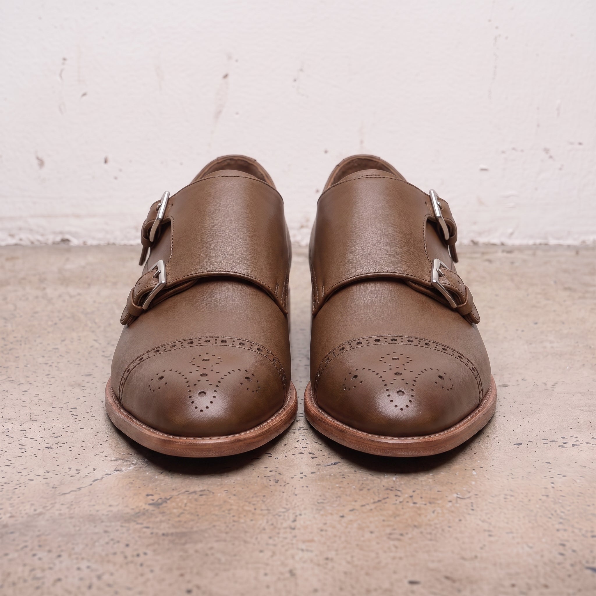Men's Brown Cap-Toe Leather Double Monk Strap Shoes — Hitchley