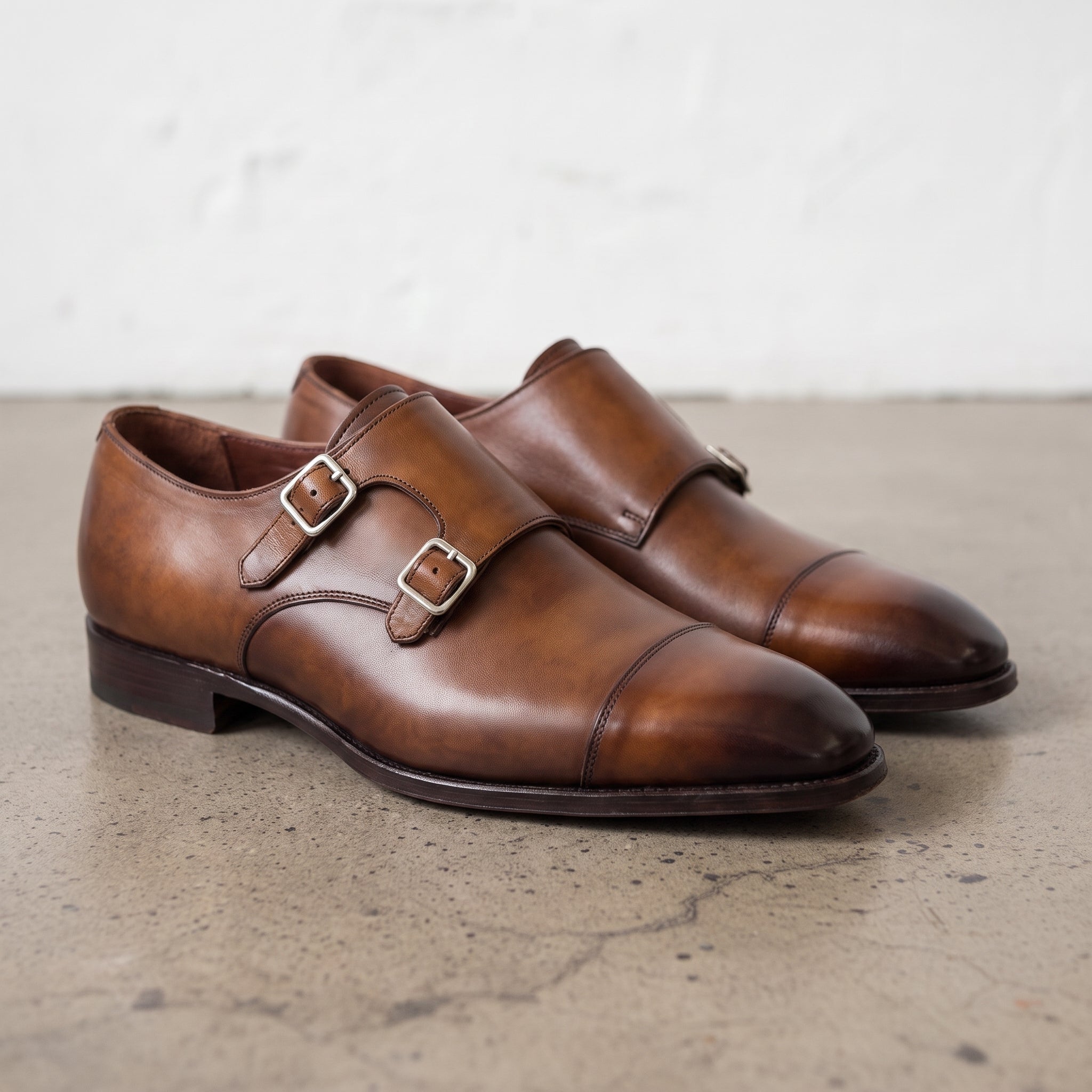 Men's Brown Cap-Toe Leather Double Monk Strap Shoes — Irlam — Irlam