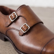 Men's Brown Cap-Toe Leather Double Monk Strap Shoes — Irlam — Irlam