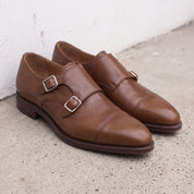 Men's Brown Cap-Toe Leather Double Monk Strap Shoes — Phillips