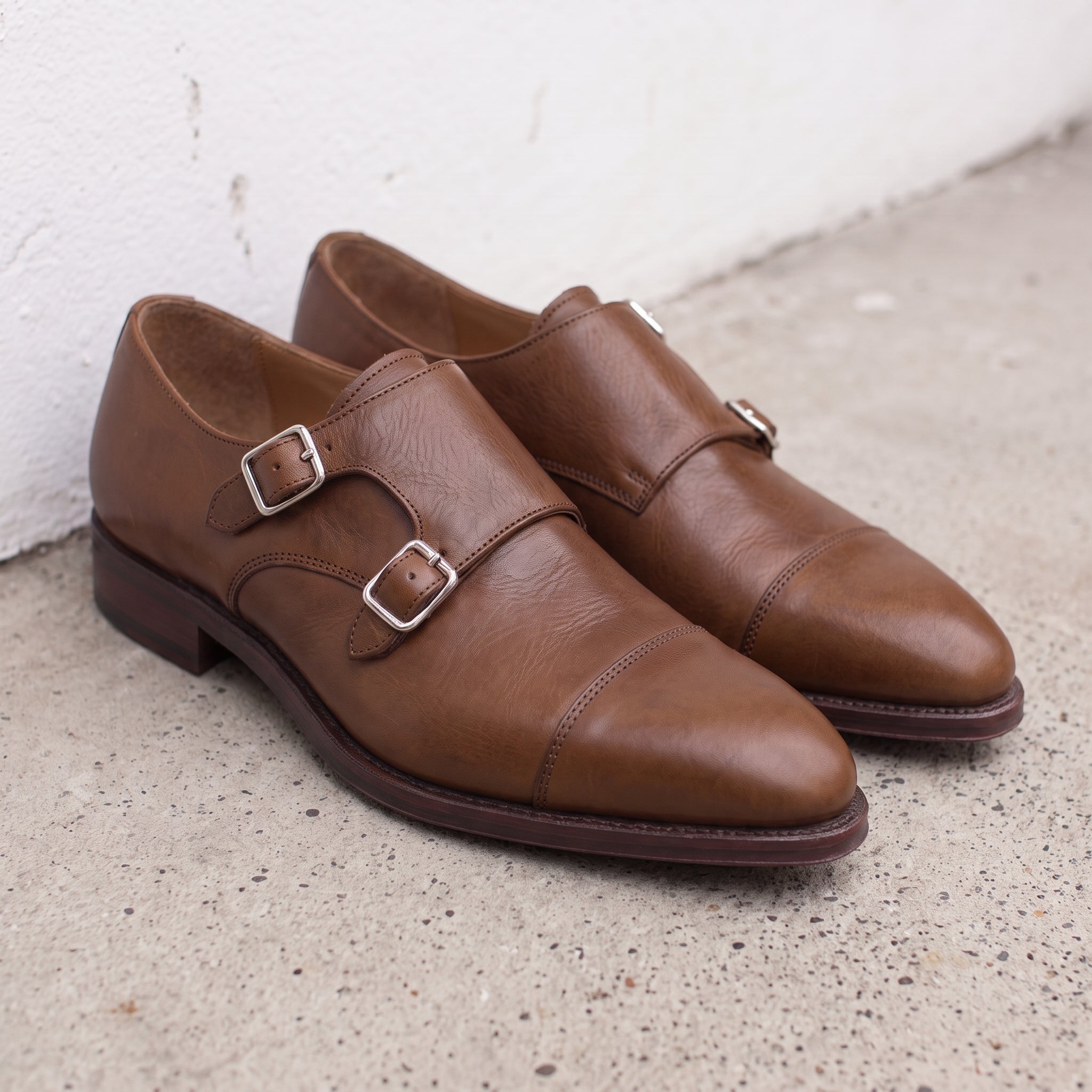 Men's Brown Cap-Toe Leather Double Monk Strap Shoes — Phillips