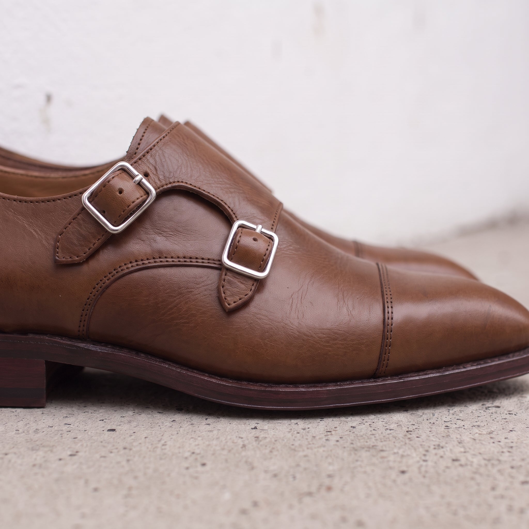 Men's Brown Cap-Toe Leather Double Monk Strap Shoes — Phillips