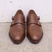 Men's Brown Cap-Toe Leather Double Monk Strap Shoes — Phillips