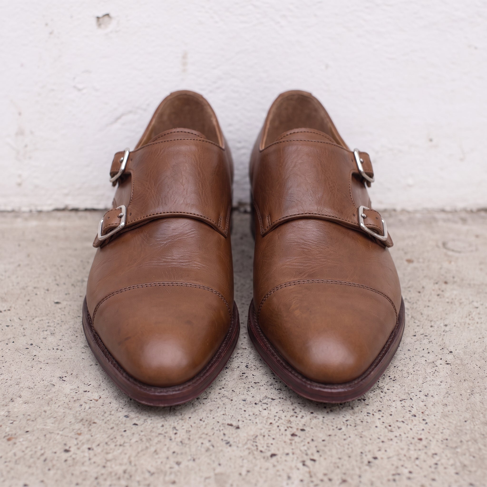 Men's Brown Cap-Toe Leather Double Monk Strap Shoes — Phillips