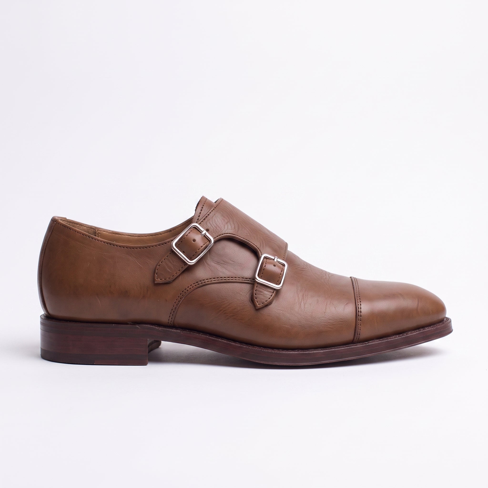 Men's Brown Cap-Toe Leather Double Monk Strap Shoes — Phillips