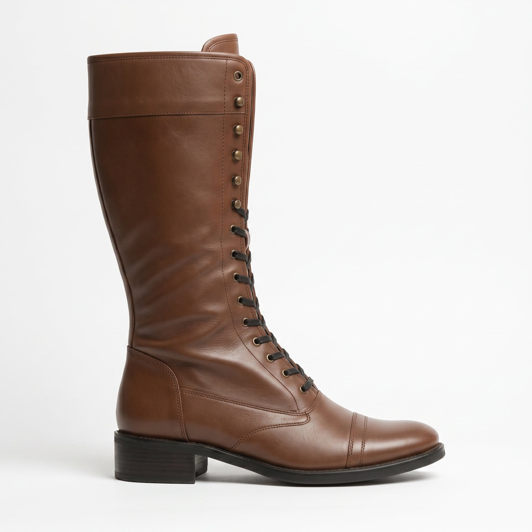 Men's Brown Cap-Toe Leather Knee-High Biker Boots — Beckham