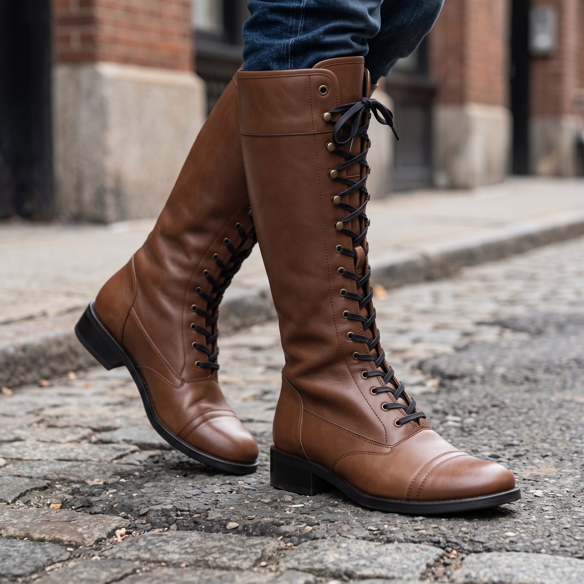 Men's Brown Cap-Toe Leather Knee-High Biker Boots — Beckham