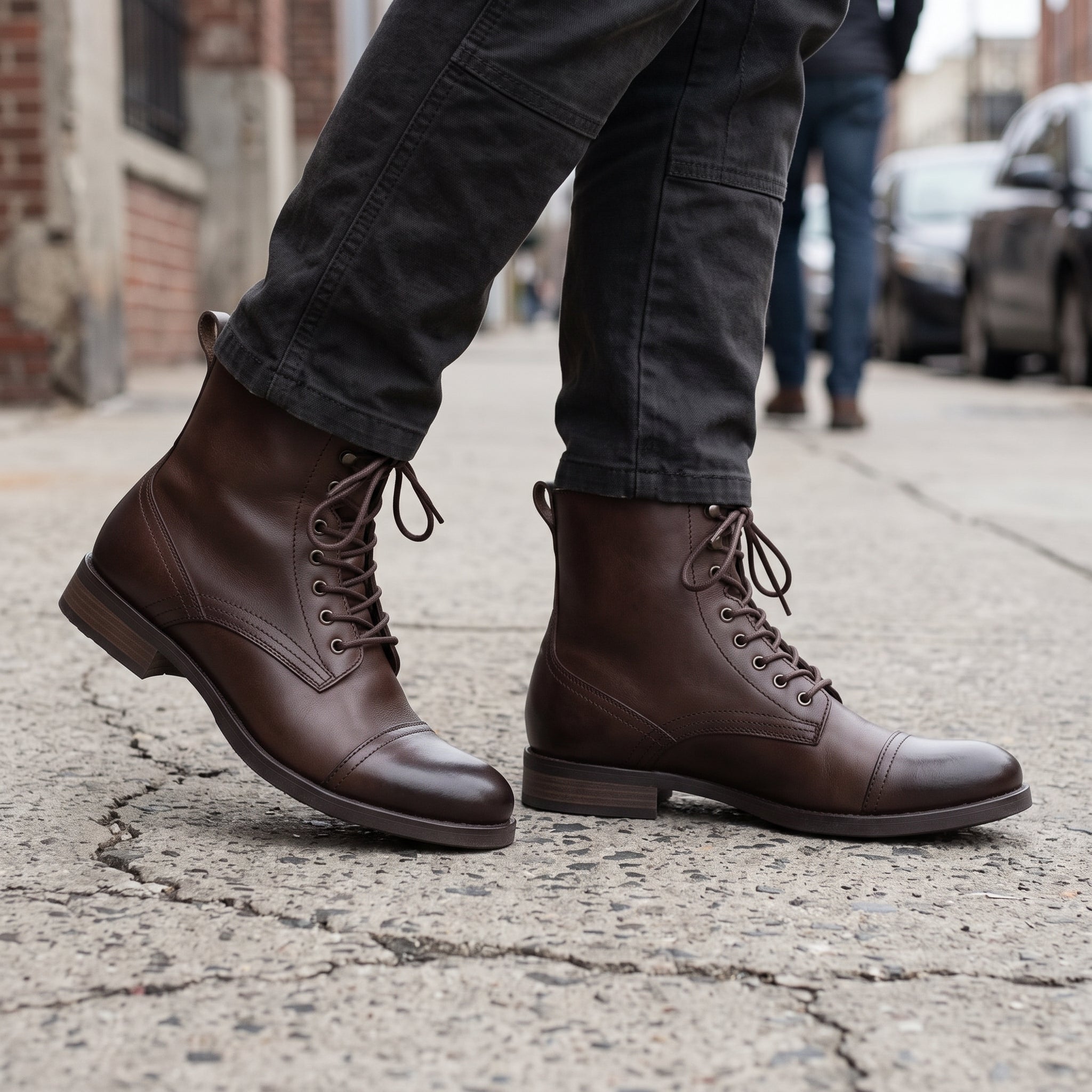 Men's Brown Cap-Toe Leather Combat Boots — Birchington