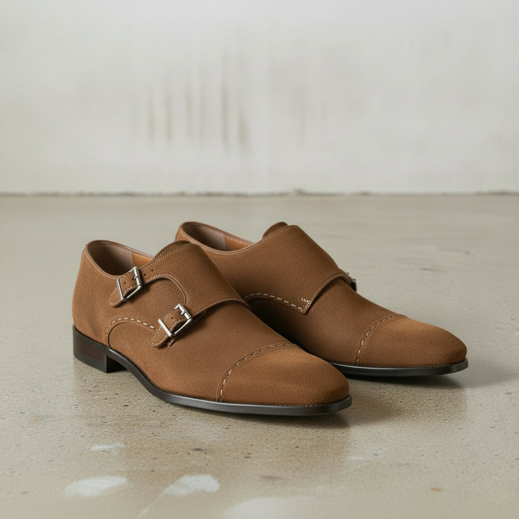 Men's Brown Cap-Toe Suede Double Monk Strap Shoes — Awbridge