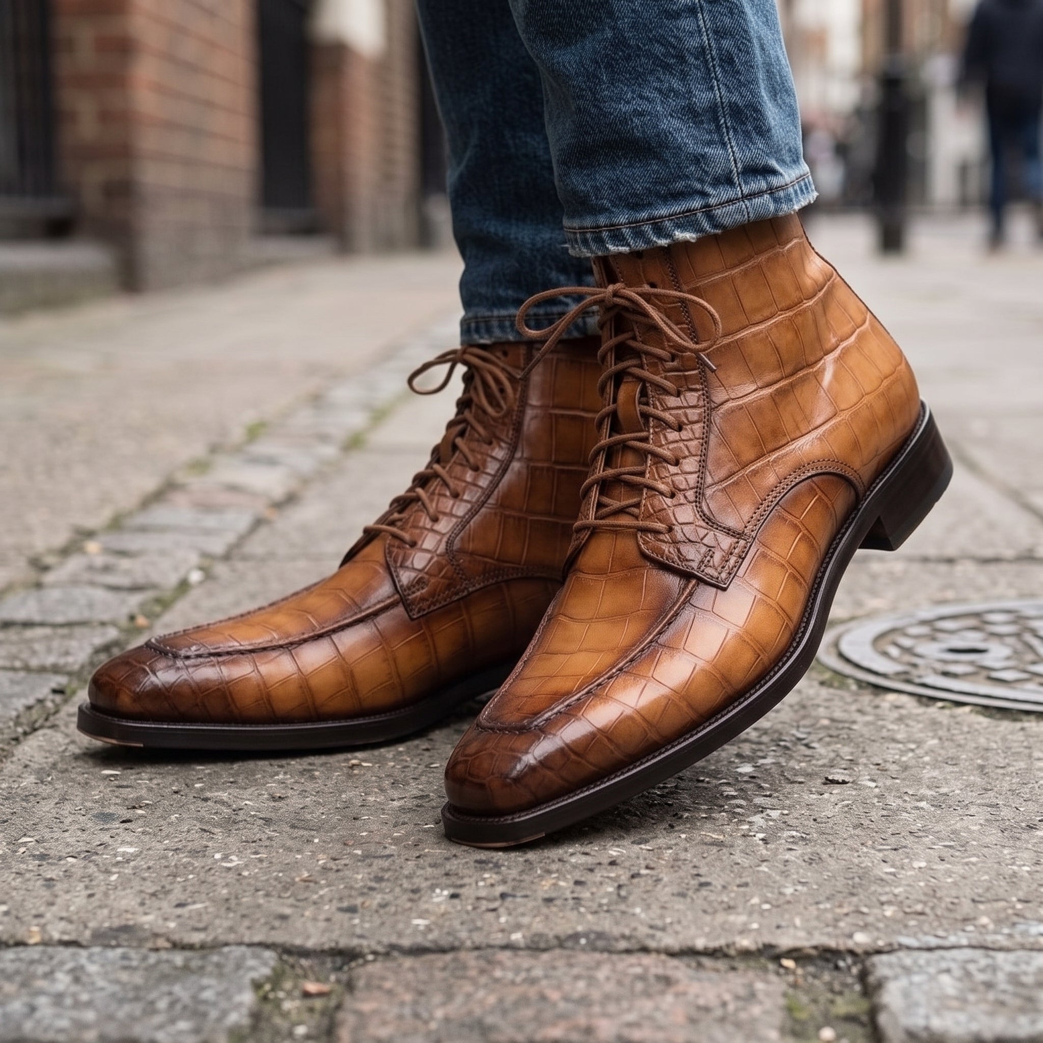 Men's Brown Crocodile-Embossed Leather Ankle Boots — Elbury