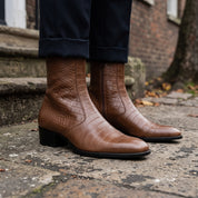 Men's Brown Crocodile-Embossed Leather Ankle Boots — Hindon