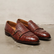 Men's Brown Crocodile-Embossed Leather Double Monk Shoes — Bowman — Bowman