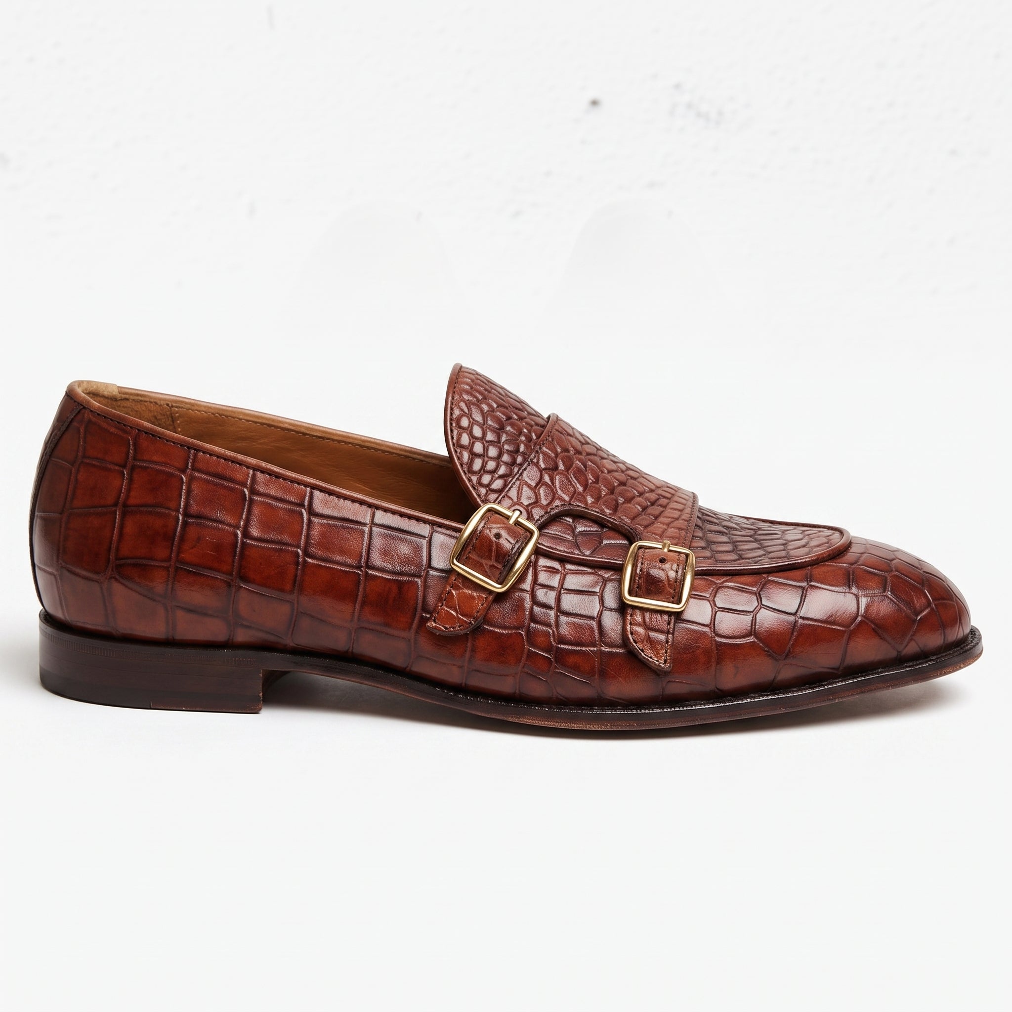 Men's Brown Crocodile-Embossed Leather Double Monk Shoes — Bowman — Bowman