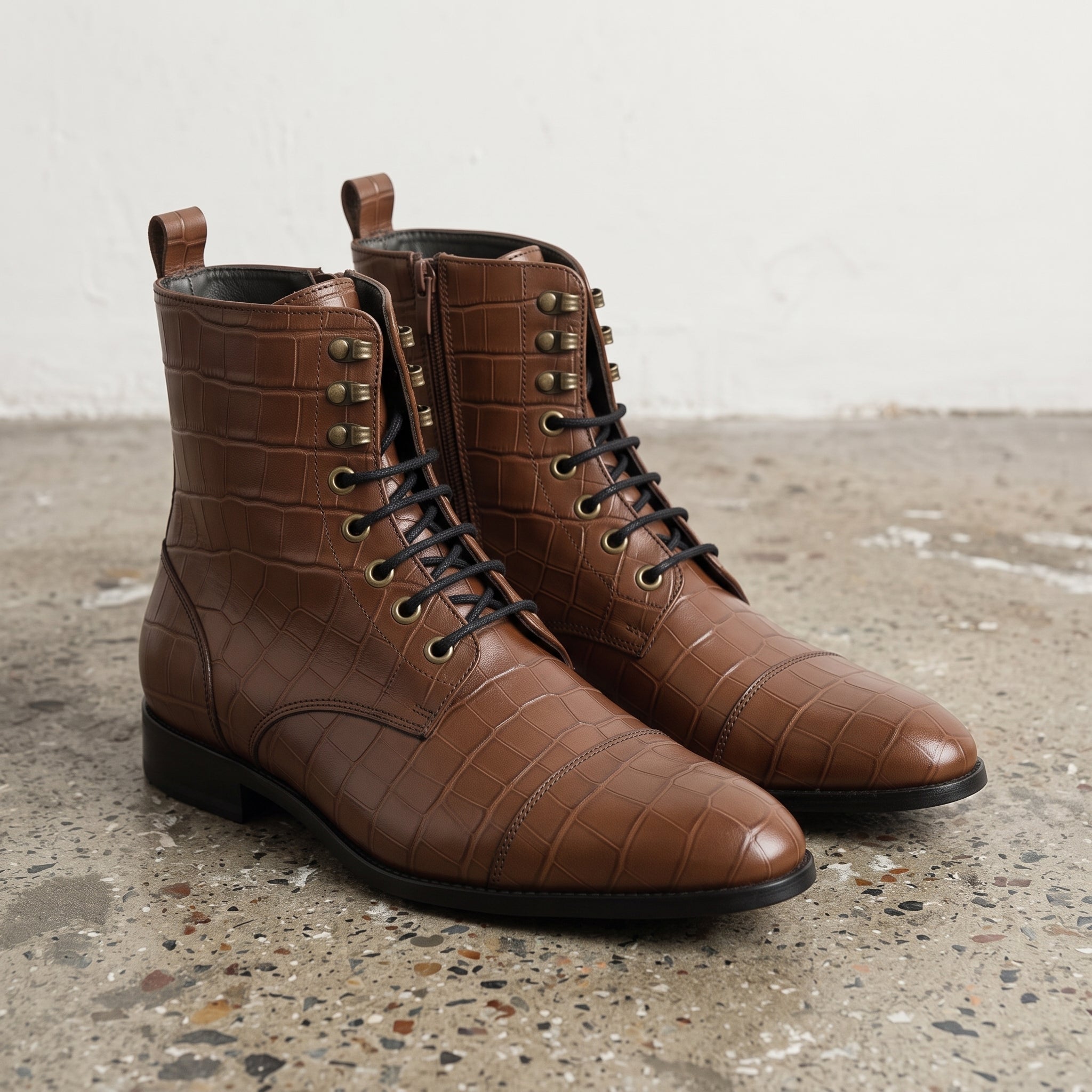 Men's Brown Crocodile-Embossed Leather Lace-Up Boots — Alderton