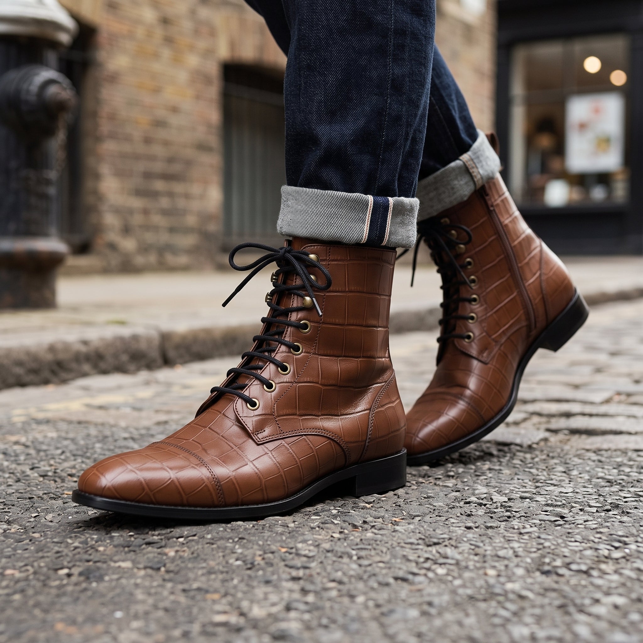 Men's Brown Crocodile-Embossed Leather Lace-Up Boots — Alderton