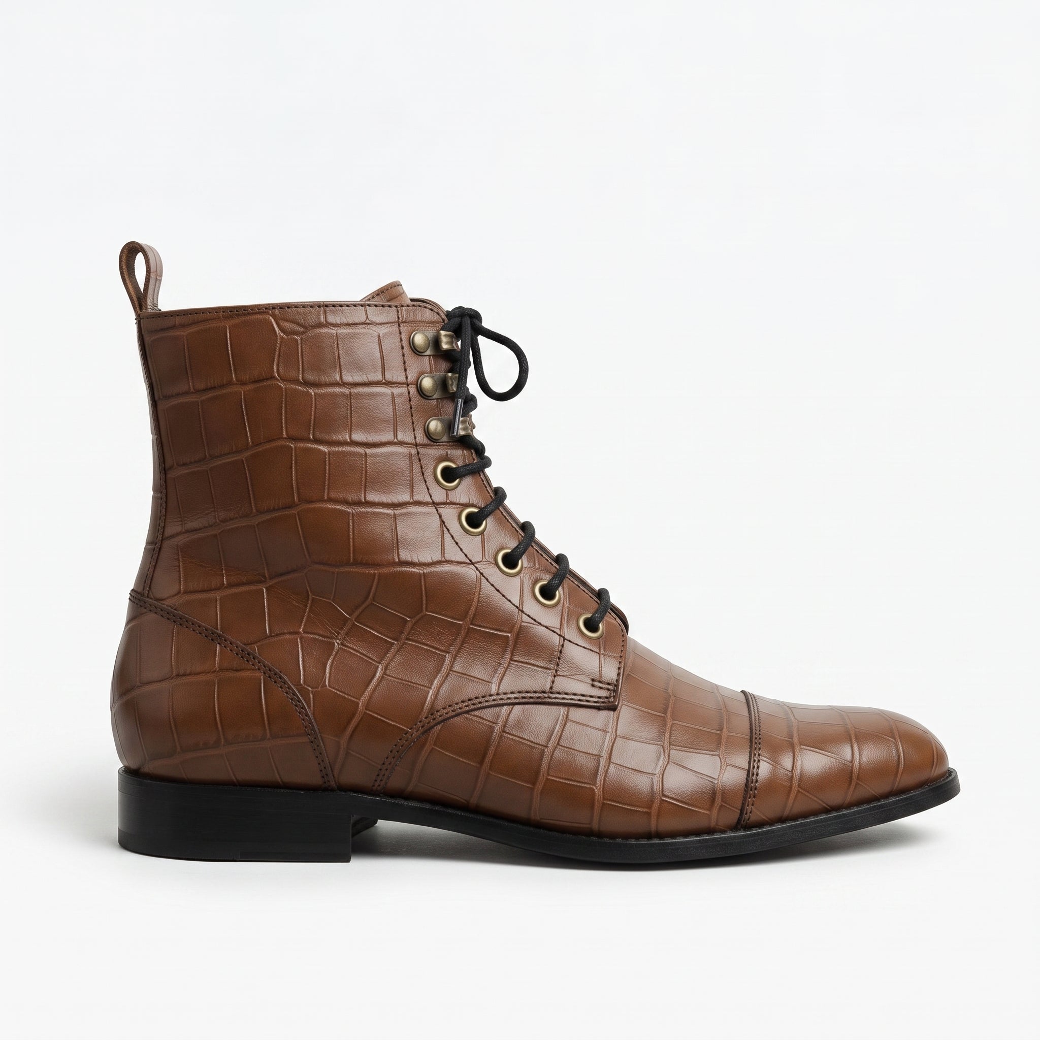 Men's Brown Crocodile-Embossed Leather Lace-Up Boots — Alderton