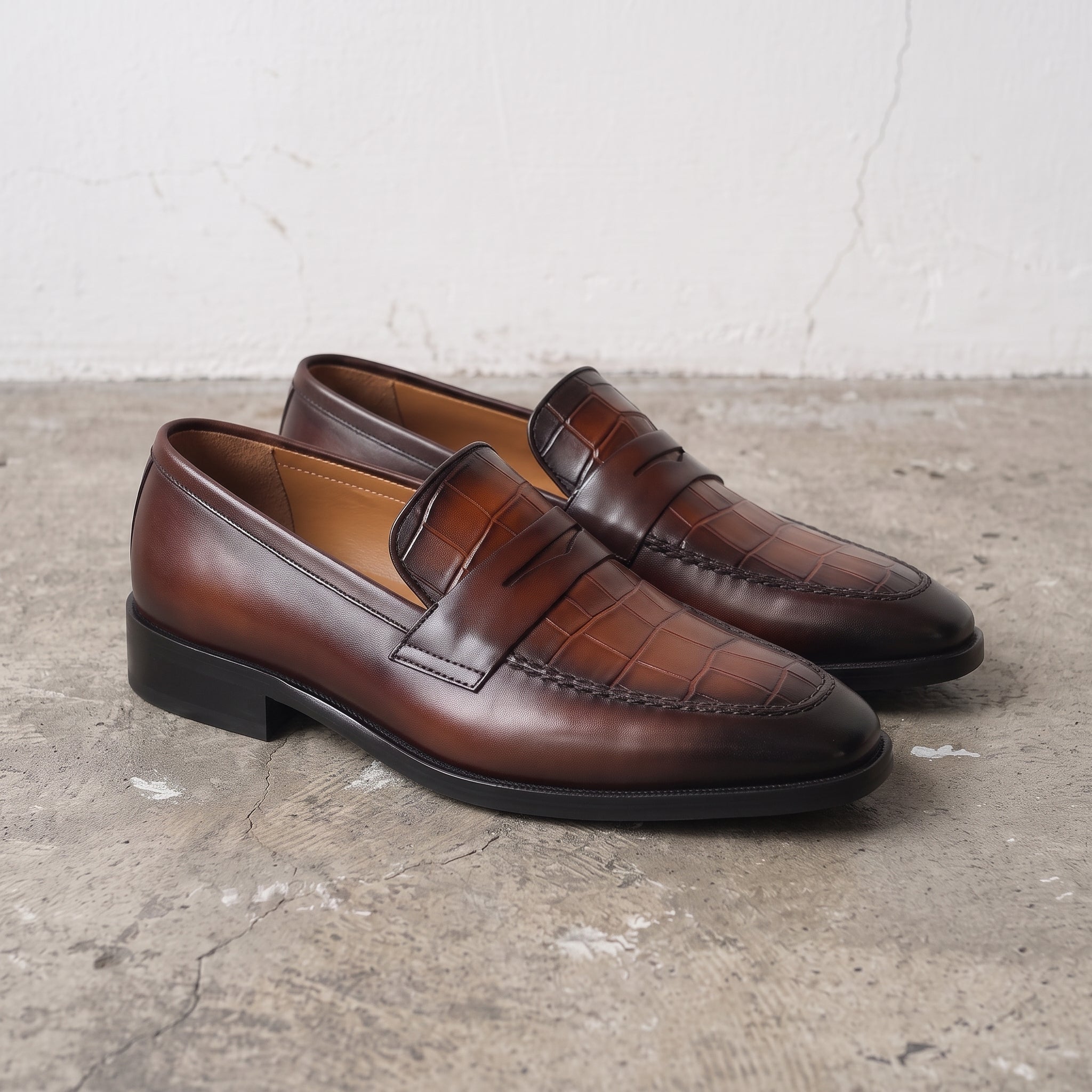 Men's Brown Alligator-Embossed Leather Penny Loafers — Chalfont