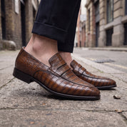 Men's Brown Alligator-Embossed Leather Penny Loafers — Harcourt