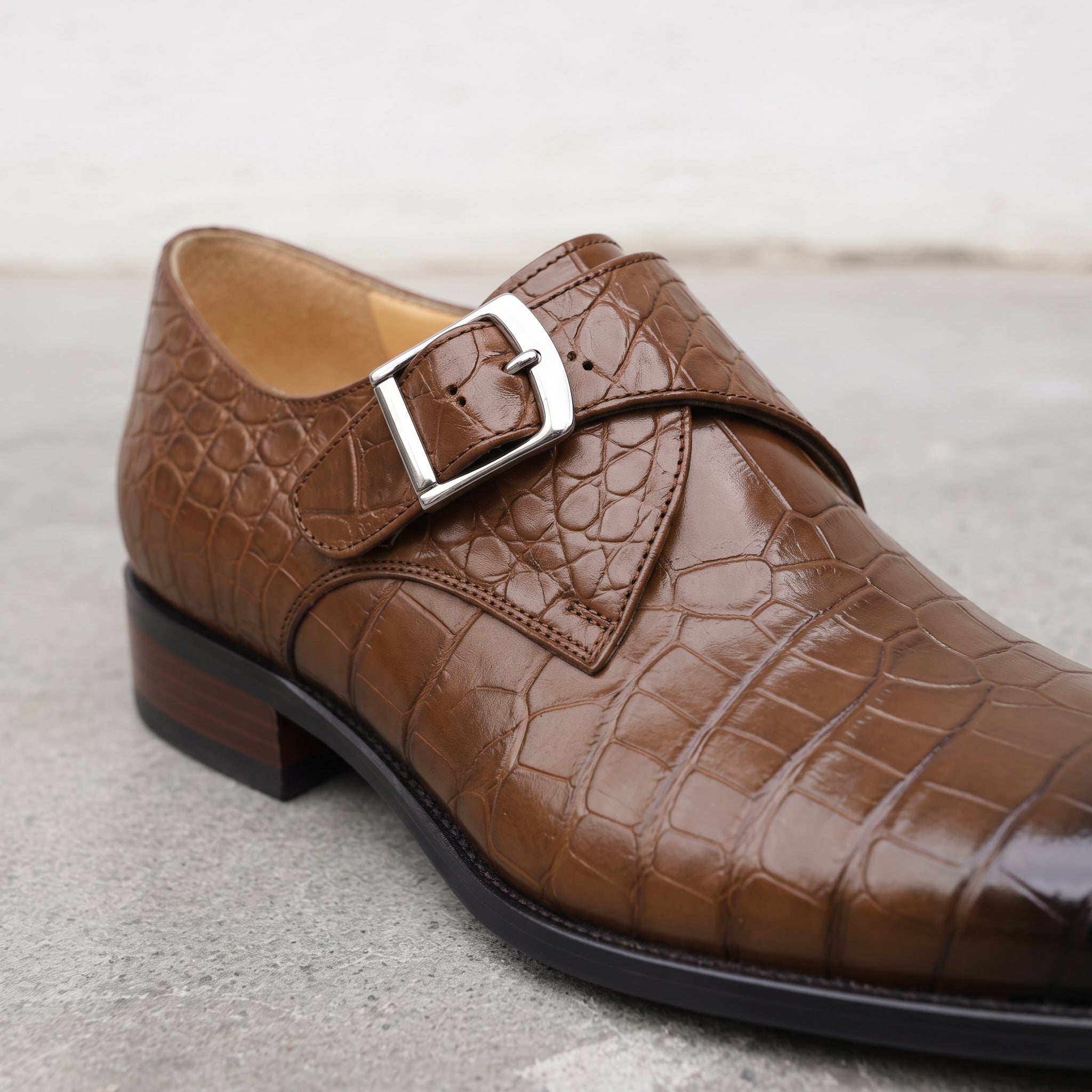 Men's Brown Crocodile-Embossed Leather Plain-Toe Monk Strap Shoes — Huntley