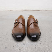 Men's Brown Crocodile-Embossed Leather Plain-Toe Monk Strap Shoes — Huntley