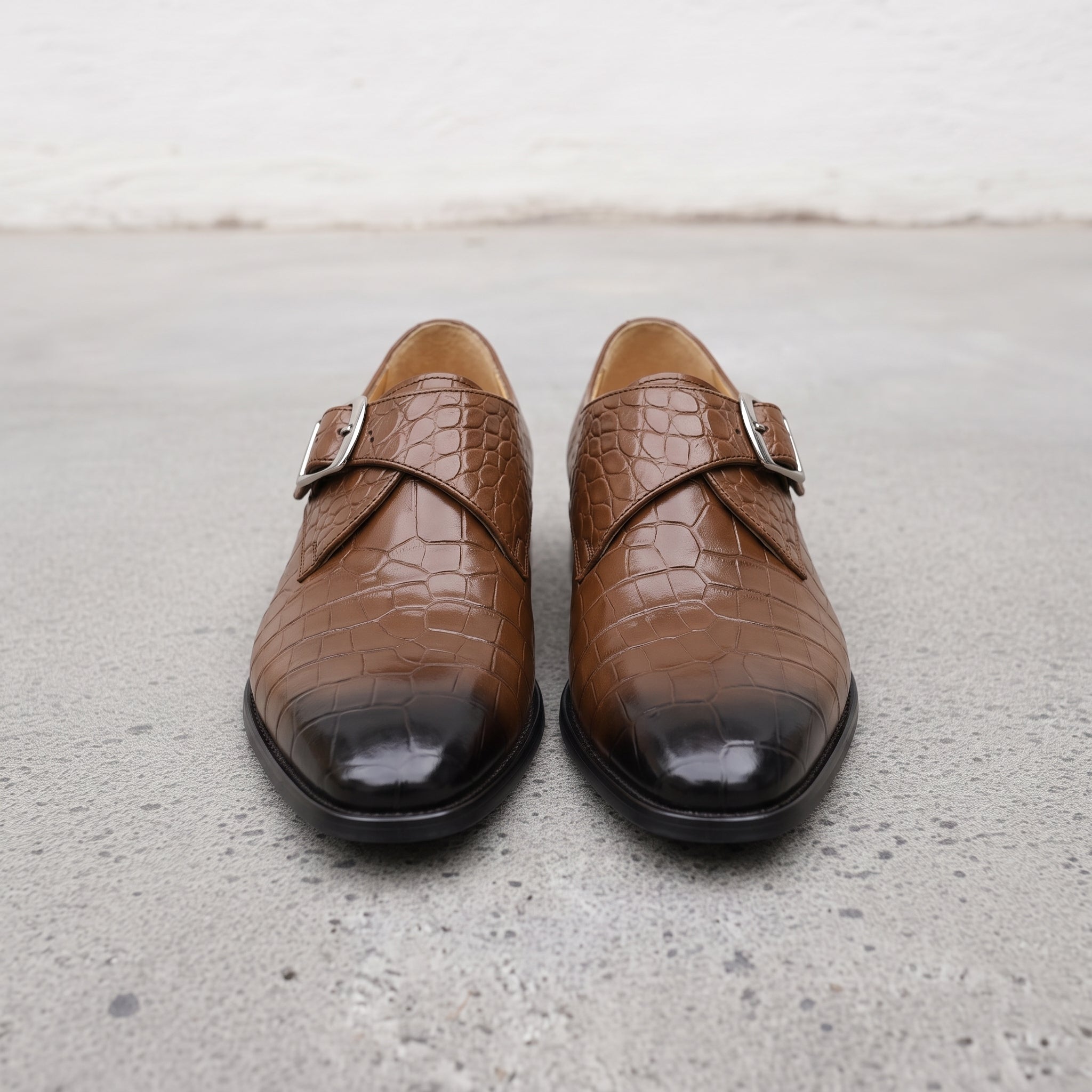 Men's Brown Crocodile-Embossed Leather Plain-Toe Monk Strap Shoes — Huntley