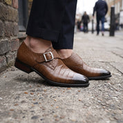 Men's Brown Crocodile-Embossed Leather Plain-Toe Monk Strap Shoes — Huntley