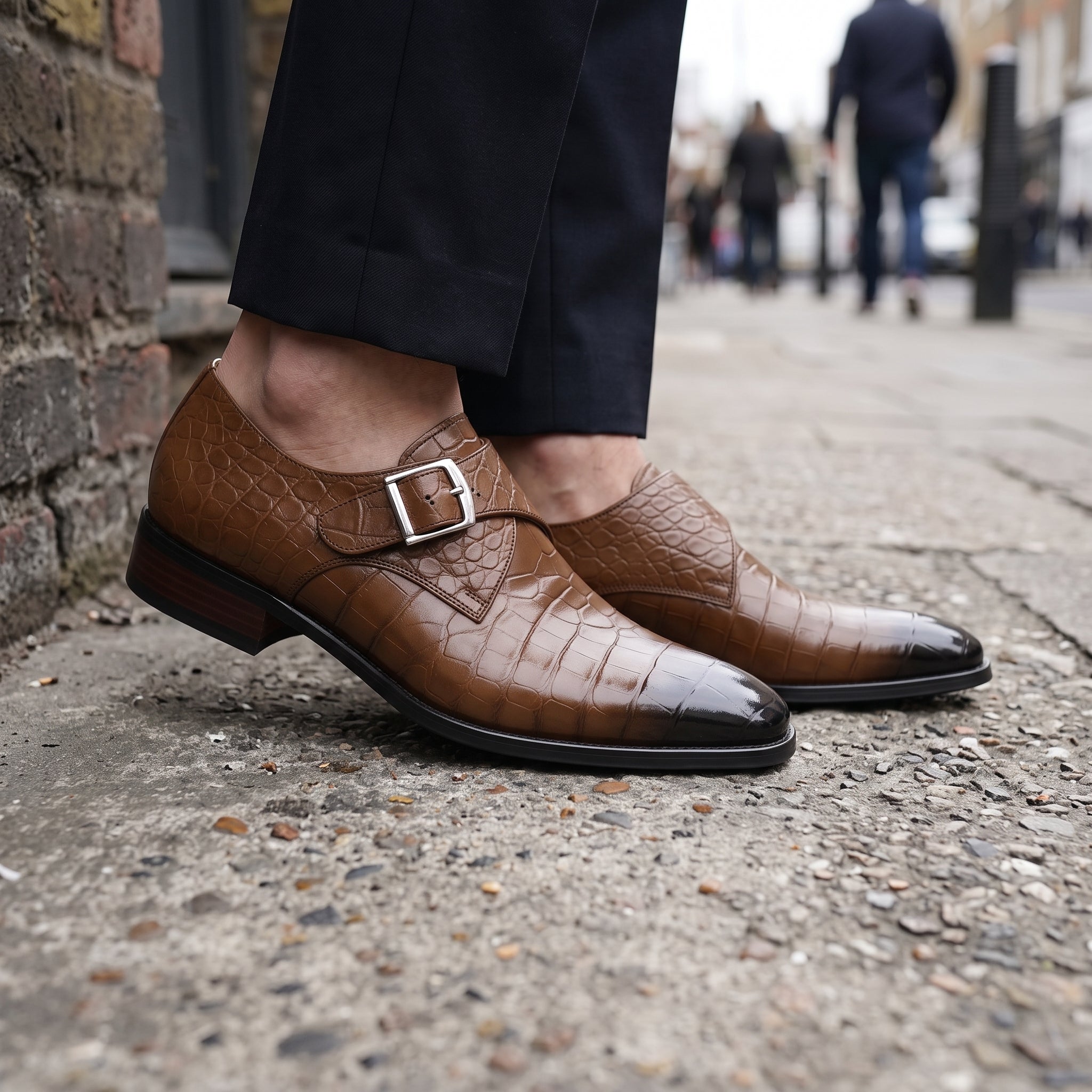 Men's Brown Crocodile-Embossed Leather Plain-Toe Monk Strap Shoes — Huntley