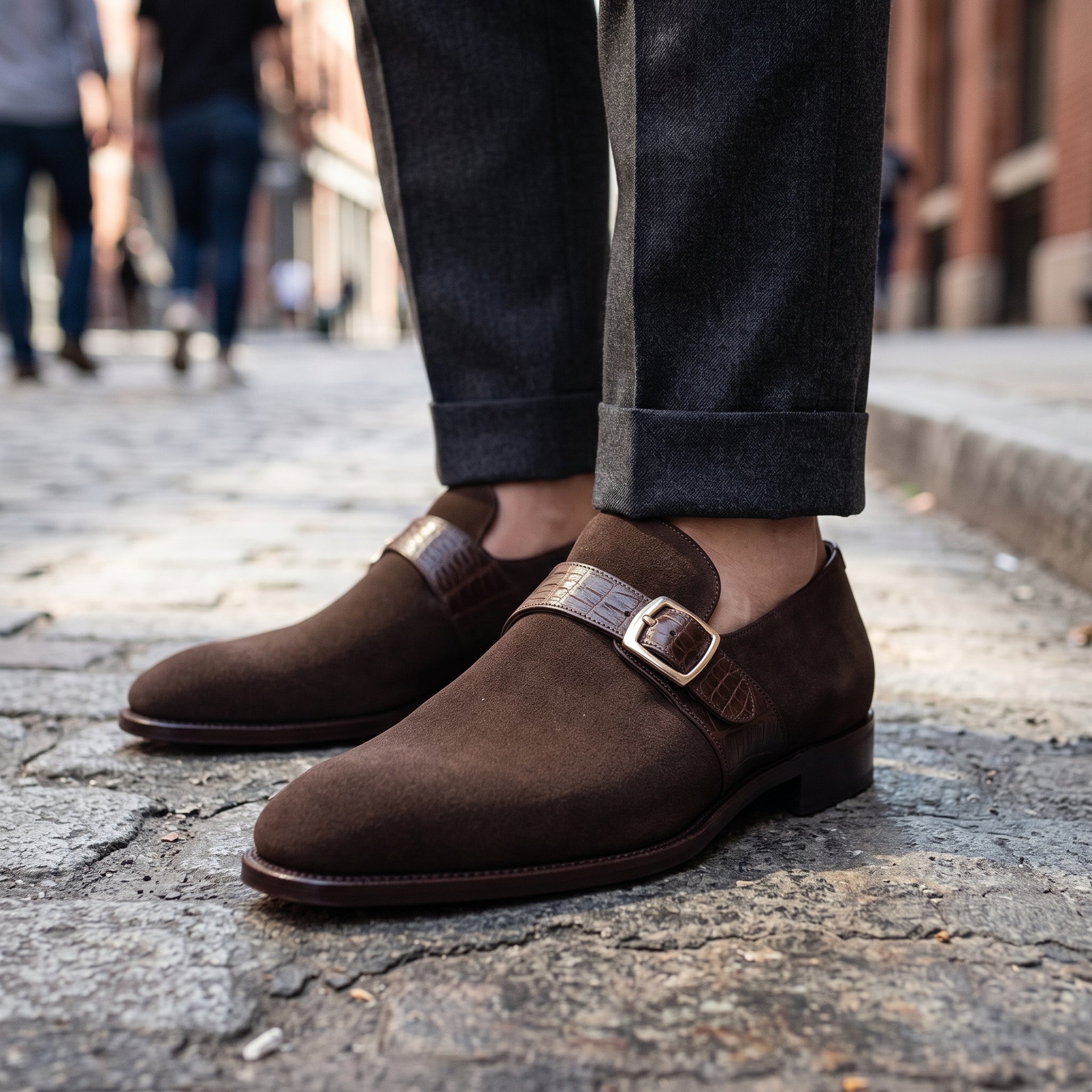 Men's Brown Crocodile-Embossed Suede Monk Strap Shoes — Harrington — Harrington — Harrington