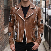 Men's Brown Studded Leather Biker Jacket — Binley