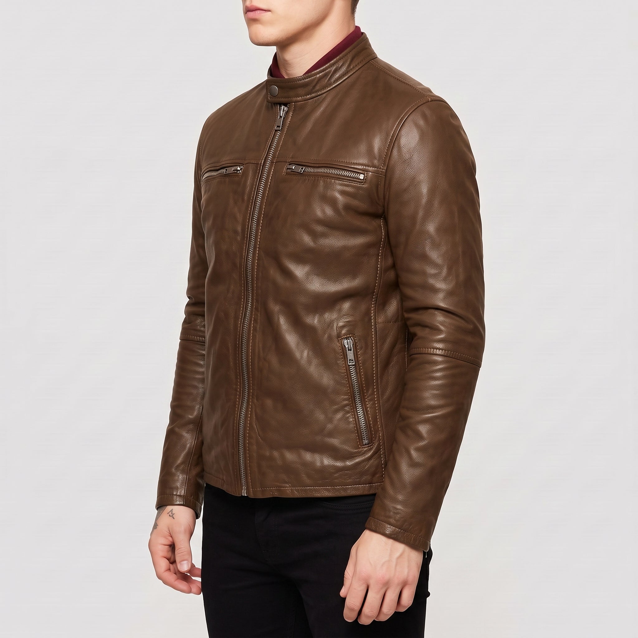 Men's Brown Leather Cafe Racer Jacket — Appleford