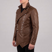 Men's Brown Double-Breasted Leather Military Jacket — Bilney