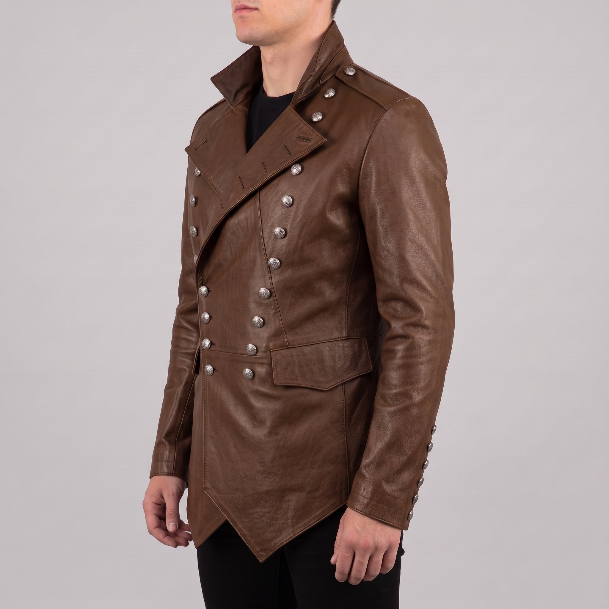 Men's Brown Double-Breasted Leather Military Jacket — Bilney