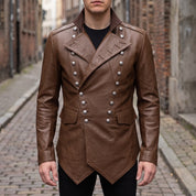 Men's Brown Double-Breasted Leather Military Jacket — Bilney